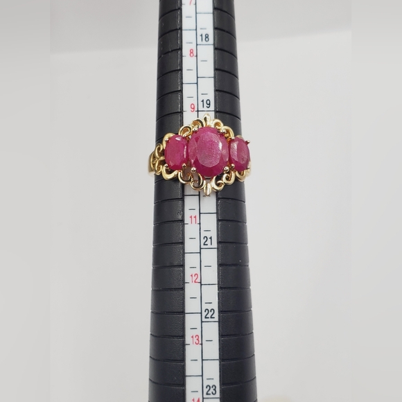 18k Yellow Gold 925 Sterling Silver Ring Genuine Oval Ruby Ring Three Stone Ring - Picture 5 of 9